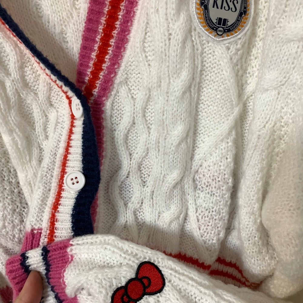 Forever 21 White Cable Knit Cardigan with Pink and Red Stripes - Picture 2 of 3